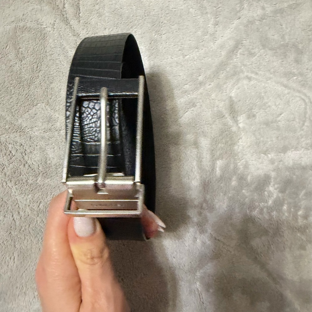 Calvin Klein Black Croc-Embossed Leather Belt with Silver Buckle